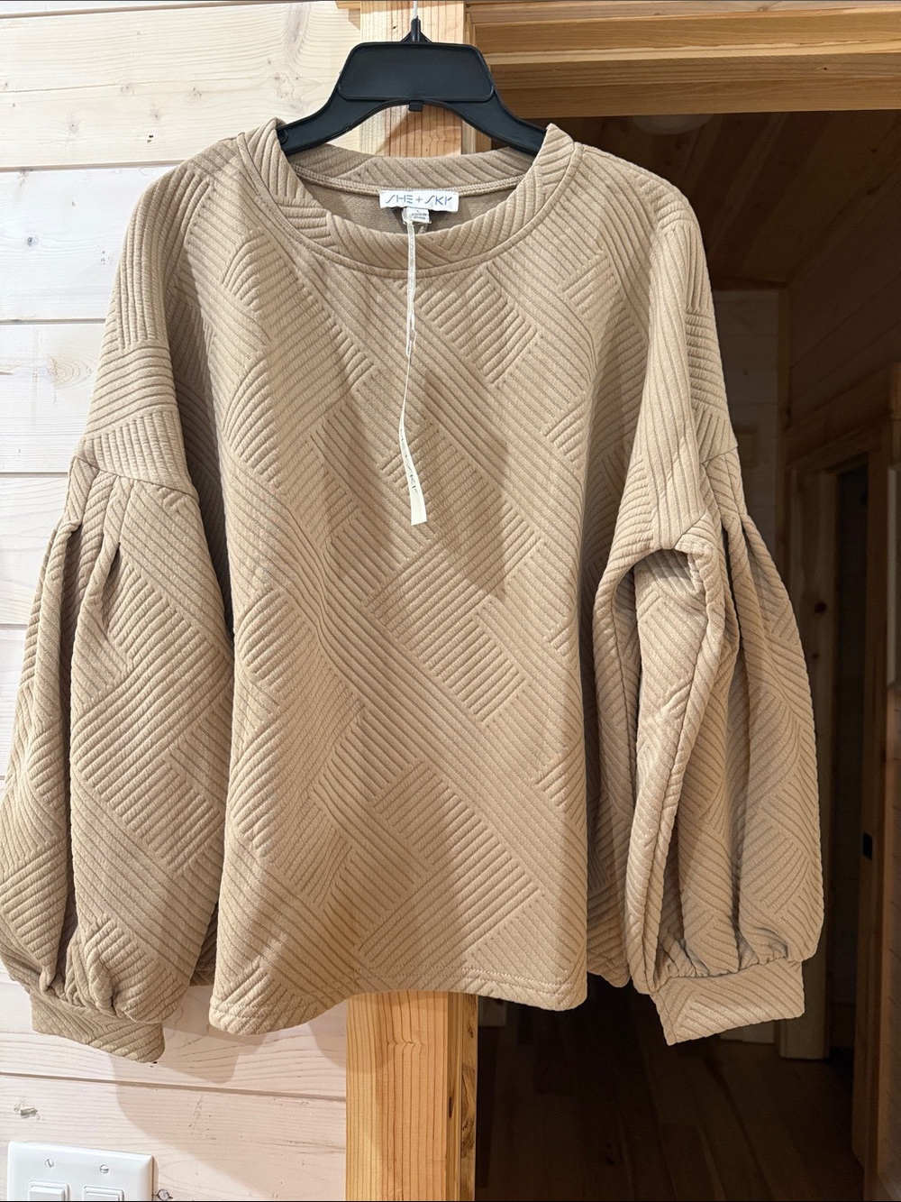 She + Sky Quilted Balloon Sleeve Pullover in Tan